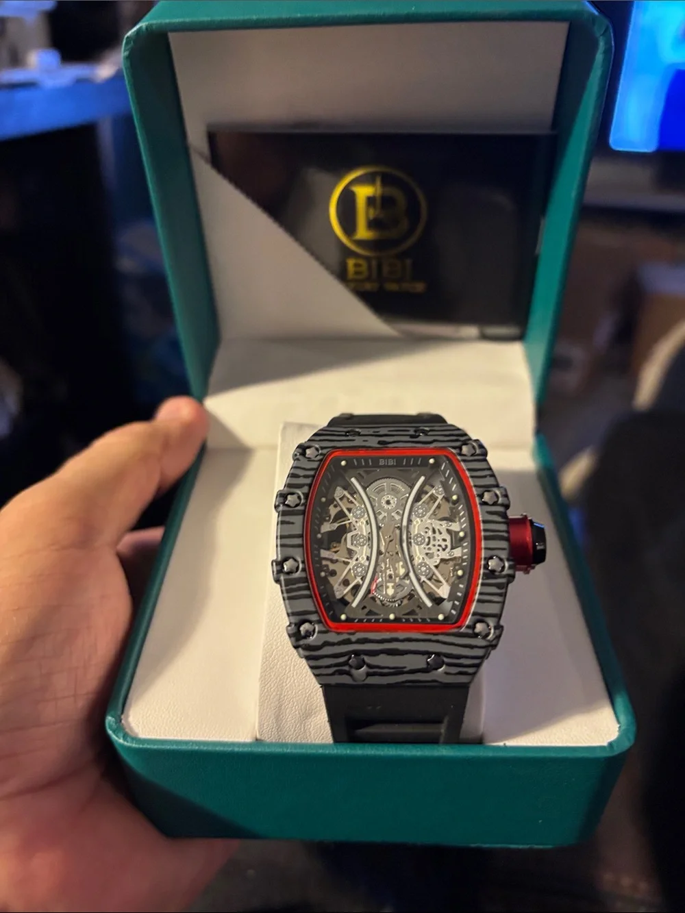 BiBi Black Skeleton Watch with Red Bezel and Crown